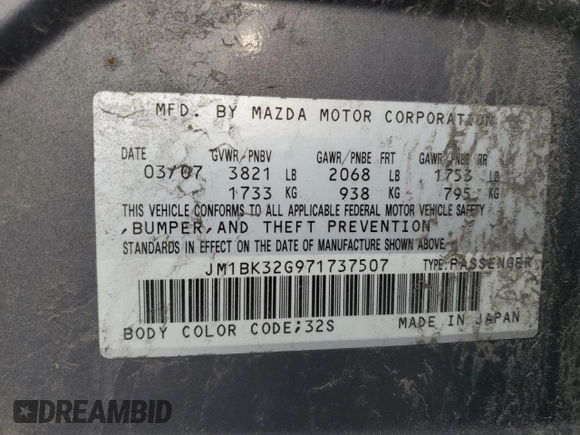 2007 Mazda 3 i Touring with VIN JM1BK32G971737507, listed as a Copart auction lot 48072115 with 174,440 mi miles and Clean Title. Bid and sale history available at DreamBid. Image 12.
