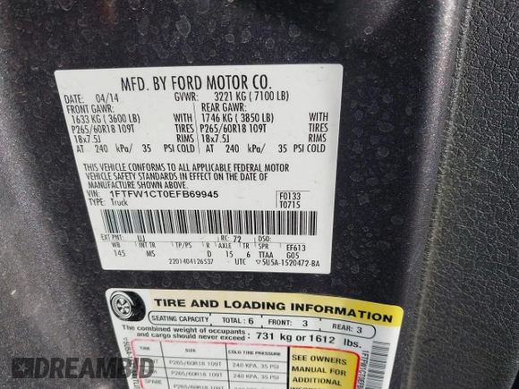 2014 Ford F-150 XL z VIN 1FTFW1CT0EFB69945, wystawiony jako IAAI lot #42507421 z przebiegiem 141 167 mil mil oraz . Historia ofert i sprzedaży dostępna na DreamBid. Obrazek 9.