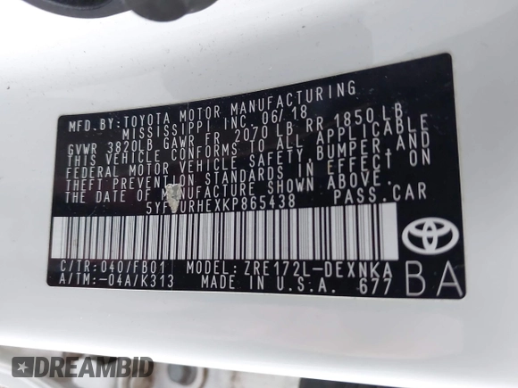 2019 Toyota Corolla L z VIN 5YFBURHEXKP865438, wystawiony jako IAAI lot #41209039 z przebiegiem 61 560 mil mil oraz . Historia ofert i sprzedaży dostępna na DreamBid. Obrazek 9.