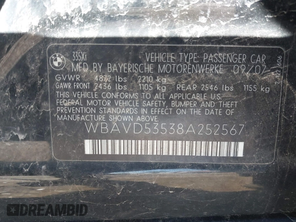 2008 BMW 3 Series 335xi with VIN WBAVD53538A252567, listed as a IAAI auction lot 41821335 with 134,832 mi miles. Bid and sale history available at carsss.com. Image 9.