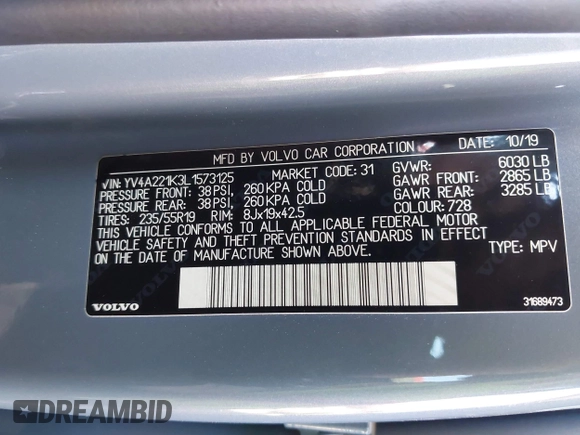 2020 Volvo XC90 Momentum with VIN YV4A221K3L1573125, listed as a IAAI auction lot 41998542 with 65,446 mi miles and . Bid and sale history available at DreamBid. Image 9.