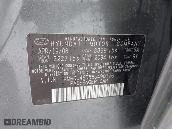 2008 Hyundai Elantra GLS with VIN KMHDU46D88U490176, listed as a IAAI auction lot 42347023 with 86,272 mi miles and . Bid and sale history available at DreamBid. Image 9.