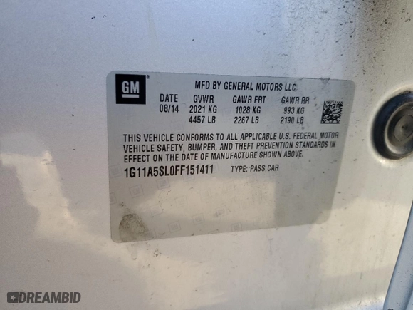 2015 Chevrolet Malibu LS with VIN 1G11A5SL0FF151411, listed as a Copart auction lot 46118715 with 198,833 mi miles and Salvage Title. Bid and sale history available at carsss.com. Image 14.
