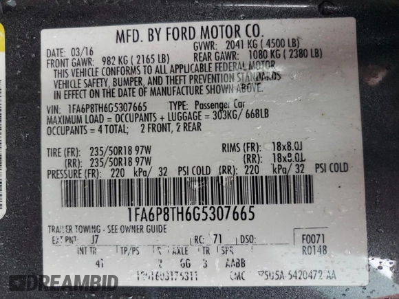 2016 Ford Mustang EcoBoost with VIN 1FA6P8TH6G5307665, listed as a Copart auction lot 55615395 with 177,127 mi miles and Salvage Title. Bid and sale history available at DreamBid. Image 12.