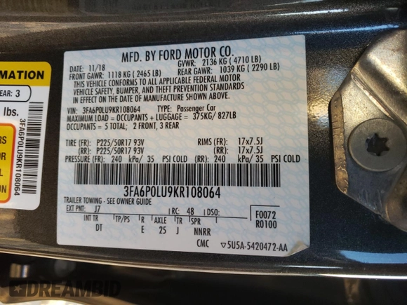 2019 Ford Fusion Hybrid SE with VIN 3FA6P0LU9KR108064, listed as a Copart auction lot 67453752 with 96,227 mi miles. Bid and sale history available at carsss.com. Image 13.