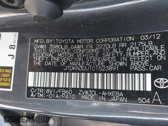 2012 Toyota Prius One z VIN JTDKN3DU1C1523891, wystawiony jako IAAI lot #42372948 z przebiegiem 219 017 mil mil oraz . Historia ofert i sprzedaży dostępna na DreamBid. Obrazek 9.