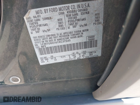 2001 Ford Escape XLT с VIN 1FMYU04161KC37345, выставлен на аукционе IAAI как лот 42312100 с пробегом 225 600 миль миль и . История ставок и продаж доступна на DreamBid. Изображение 9.