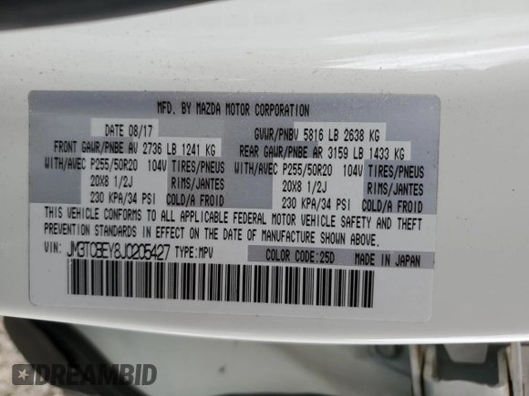 2018 Mazda CX-9 Signature with VIN JM3TCBEY8J0205427, listed as a Copart auction lot 55131585 with 123,812 mi miles and Salvage title. Bid and sale history available at DreamBid. Image 13.