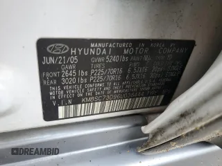 2006 Hyundai Santa Fe GLS z VIN KM8SC73D96U038444, wystawiony jako Copart lot #57322045 z przebiegiem 70 337 mil mil oraz Szkoda całkowita • Salvage title. Historia ofert i sprzedaży dostępna na DreamBid. Obrazek 14.