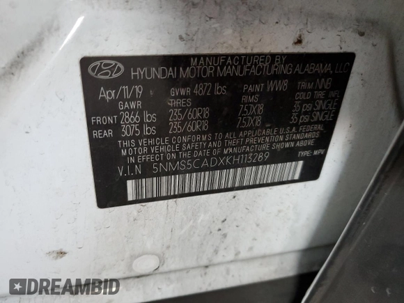 2019 Hyundai Santa Fe Ultimate z VIN 5NMS5CADXKH113289, wystawiony jako Copart lot #53399905 z przebiegiem 101 697 mil mil oraz Szkoda całkowita • Salvage title. Historia ofert i sprzedaży dostępna na DreamBid. Obrazek 13.