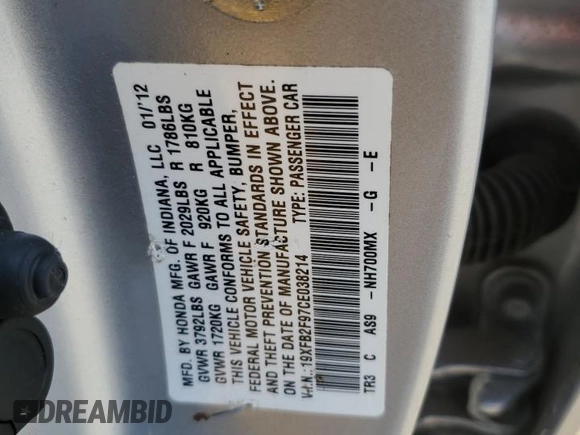 2012 Honda Civic EX-L with VIN 19XFB2F97CE038214, listed as a Copart auction lot 49440275 with 150,062 mi miles and Salvage Title. Bid and sale history available at DreamBid. Image 13.