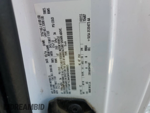 2016 Ford F-150 XL with VIN 1FTMF1C84GKE09883, listed as a Copart auction lot 59171155 with Not provided miles and Salvage title. Bid and sale history available at DreamBid. Image 12.
