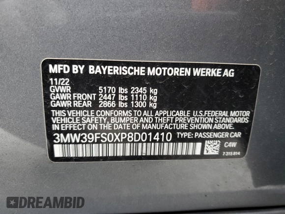 2023 BMW 3 Series 330e xDrive with VIN 3MW39FS0XP8D01410, listed as a Copart auction lot 45859165 with Not Provided miles and Salvage Title. Bid and sale history available at carsss.com. Image 12.
