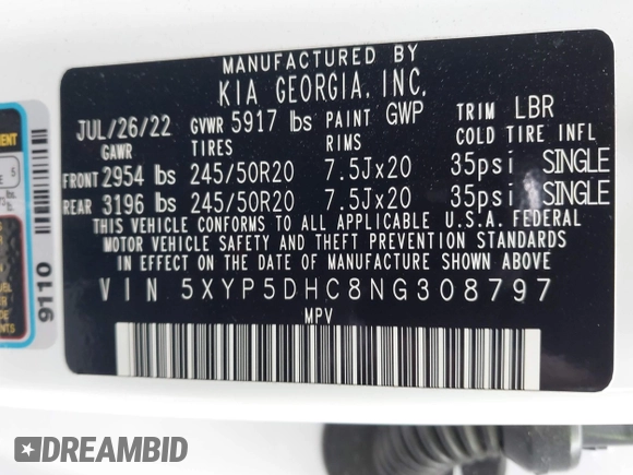 2022 Kia Telluride SX with VIN 5XYP5DHC8NG308797, listed as a IAAI auction lot 41907333 with 65,447 mi miles and . Bid and sale history available at carsss.com. Image 9.