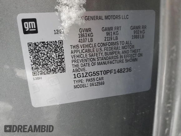2023 Chevrolet Malibu RS with VIN 1G1ZG5ST0PF148236, listed as a Copart auction lot 51751595 with 35,343 mi miles and Salvage Title. Bid and sale history available at DreamBid. Image 12.