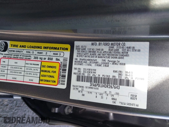2013 Ford Fusion SE Hybrid with VIN 3FA6P0LU4DR267643, listed as a IAAI auction lot 41846681 with 148,002 mi miles. Bid and sale history available at carsss.com. Image 9.