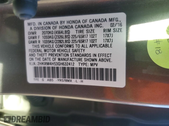 2016 Honda CR-V EX with VIN 2HKRM4H53GH632412, listed as a Copart auction lot 53661015 with 49,261 mi miles and Salvage Title. Bid and sale history available at DreamBid. Image 13.