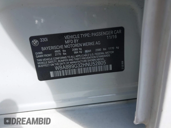 2017 BMW 3 Series 330i with VIN WBA8B9G32HNU52805, listed as a IAAI auction lot 42139448 with 136,333 mi miles. Bid and sale history available at carsss.com. Image 9.
