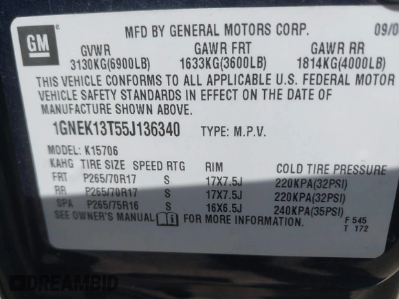 2005 Chevrolet Tahoe LS with VIN 1GNEK13T55J136340, listed as a IAAI auction lot 42153963 with 0 mi miles. Bid and sale history available at carsss.com. Image 9.