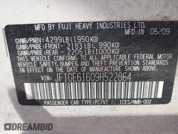 2009 Subaru Impreza i с VIN JF1GE61609H522864, выставлен на аукционе IAAI как лот 42179886 с пробегом 185 158 миль миль и . История ставок и продаж доступна на DreamBid. Изображение 9.