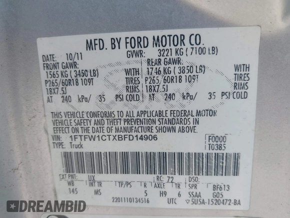 2011 Ford F-150 XLT с VIN 1FTFW1CTXBFD14906, выставлен на аукционе IAAI как лот 42134426 с пробегом 241 211 миль миль и . История ставок и продаж доступна на DreamBid. Изображение 9.