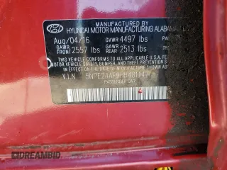 2017 Hyundai Sonata SE with VIN 5NPE24AF9HH481147, listed as a Copart auction lot 45324455 with Not Provided miles and Non Repairable. Bid and sale history available at carsss.com. Image 12.