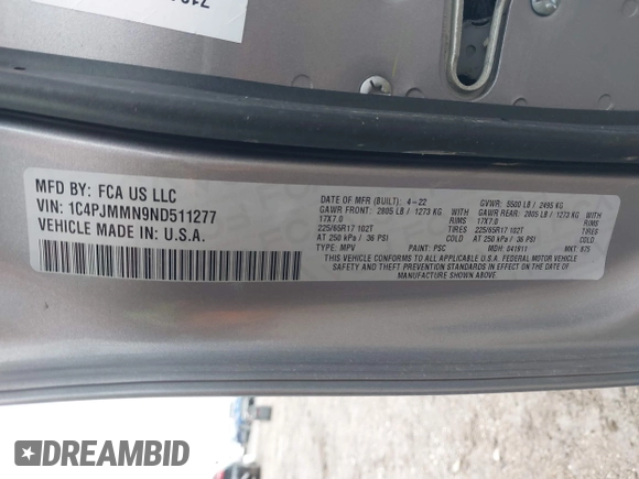 2022 Jeep Cherokee Latitude Lux z VIN 1C4PJMMN9ND511277, wystawiony jako IAAI lot #41151980 z przebiegiem 51 809 mil mil oraz . Historia ofert i sprzedaży dostępna na DreamBid. Obrazek 9.