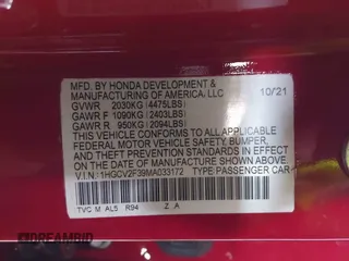 2021 Honda Accord Sport with VIN 1HGCV2F39MA033172, listed as a IAAI auction lot 41913871 with 39,249 mi miles and . Bid and sale history available at DreamBid. Image 9.