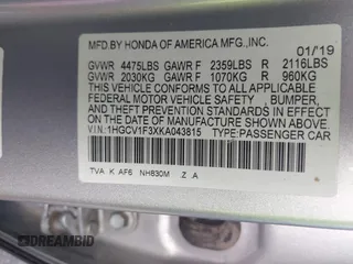 2019 Honda Accord Sport with VIN 1HGCV1F3XKA043815, listed as a IAAI auction lot 41997607 with 91,001 mi miles and . Bid and sale history available at DreamBid. Image 9.