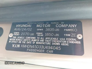 2003 Hyundai Elantra GLS with VIN KMHDN45D33U494045, listed as a IAAI auction lot 42493038 with 42,179 mi miles and . Bid and sale history available at DreamBid. Image 9.