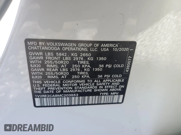 2021 Volkswagen Atlas SE z VIN 1V2RE2CA8MC203553, wystawiony jako Copart lot #45873045 z przebiegiem 83 348 mil mil oraz Szkoda całkowita • Salvage title. Historia ofert i sprzedaży dostępna na DreamBid. Obrazek 12.