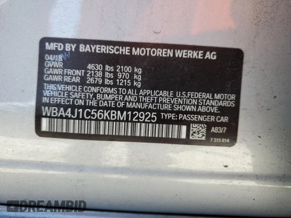 2019 BMW 4 Series 430i z VIN WBA4J1C56KBM12925, wystawiony jako Copart lot #47027555 z przebiegiem 128 483 mil mil oraz Szkody całkowita. Historia ofert i sprzedaży dostępna na DreamBid. Obrazek 12.