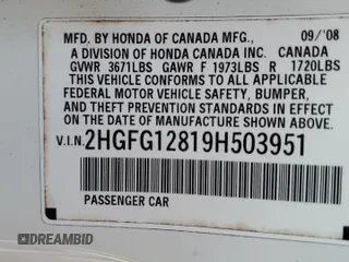 2009 Honda Civic EX with VIN 2HGFG12819H503951, listed as a Copart auction lot 53700325 with 227,731 mi miles and Salvage Title. Bid and sale history available at DreamBid. Image 12.