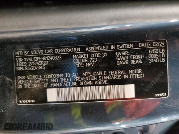 2024 Volvo XC90 Plus Bright Theme with VIN YV4L12PE9R1240823, listed as a Copart auction lot 46479065 with 14,348 mi miles and Salvage Title. Bid and sale history available at DreamBid. Image 13.