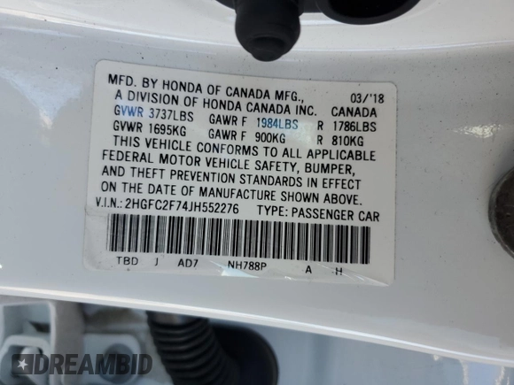 2018 Honda Civic EX with VIN 2HGFC2F74JH552276, listed as a Copart auction lot 52356985 with 64,650 mi miles and Salvage Title. Bid and sale history available at DreamBid. Image 13.