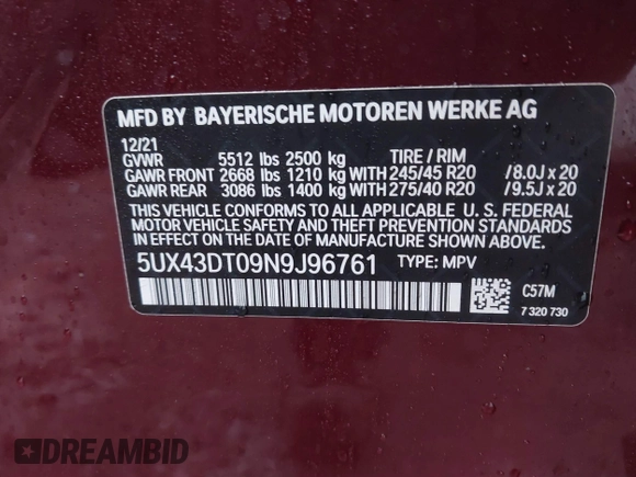 2022 BMW X4 M40i with VIN 5UX43DT09N9J96761, listed as a IAAI auction lot 41675333 with Not provided miles and . Bid and sale history available at DreamBid. Image 9.