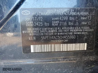 2012 Hyundai Sonata GLS PZEV with VIN 5NPEB4AC5CH455160, listed as a Copart auction lot 46829815 with 0 mi miles and Salvage Title. Bid and sale history available at carsss.com. Image 15.