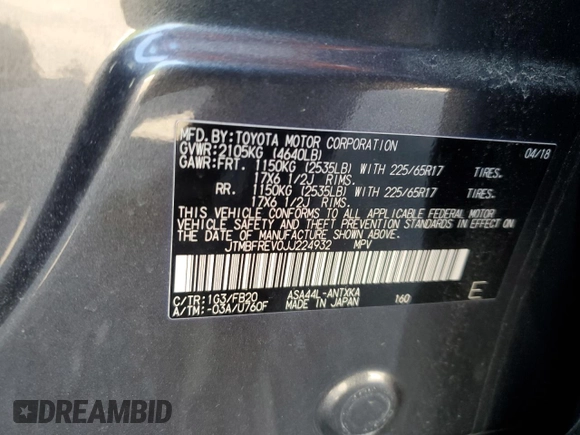2018 Toyota RAV4 LE with VIN JTMBFREV0JJ224932, listed as a Copart auction lot 53895615 with 52,889 mi miles and Salvage Title. Bid and sale history available at DreamBid. Image 14.