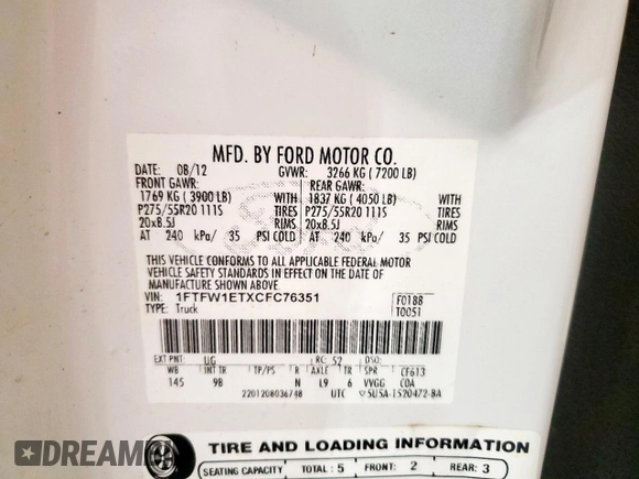 2012 Ford F-150 XL with VIN 1FTFW1ETXCFC76351, listed as a Copart auction lot 62602085 with 224,219 mi miles and Salvage title. Bid and sale history available at DreamBid. Image 12.