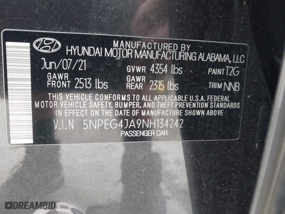 2022 Hyundai Sonata SE with VIN 5NPEG4JA9NH134242, listed as a IAAI auction lot 41972212 with 118,336 mi miles. Bid and sale history available at carsss.com. Image 9.
