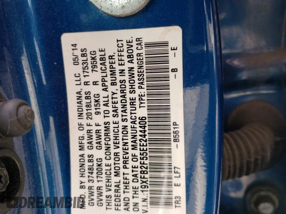 2014 Honda Civic LX with VIN 19XFB2F55EE244406, listed as a Copart auction lot 54234285 with 158,992 mi miles and Salvage Title. Bid and sale history available at carsss.com. Image 12.