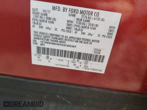 2017 Ford Explorer z VIN 1FM5K8BH0HGC65307, wystawiony jako Copart lot #52743665 z przebiegiem 111 781 mil mil oraz Szkoda całkowita • Salvage title. Historia ofert i sprzedaży dostępna na DreamBid. Obrazek 13.