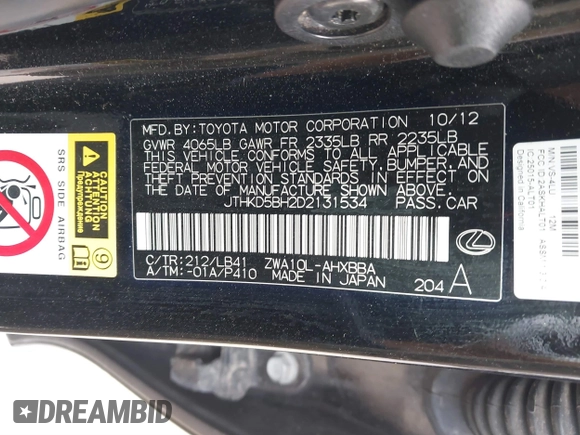2013 Lexus CT 200h z VIN JTHKD5BH2D2131534, wystawiony jako IAAI lot #41859991 z przebiegiem 177 000 mil mil oraz . Historia ofert i sprzedaży dostępna na DreamBid. Obrazek 9.