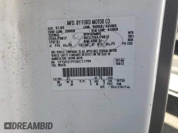 2005 Ford F-250 XL with VIN 1FTSF21P75EC11799, listed as a Copart auction lot 55653454 with 162,576 mi miles and Salvage Title. Bid and sale history available at DreamBid. Image 12.
