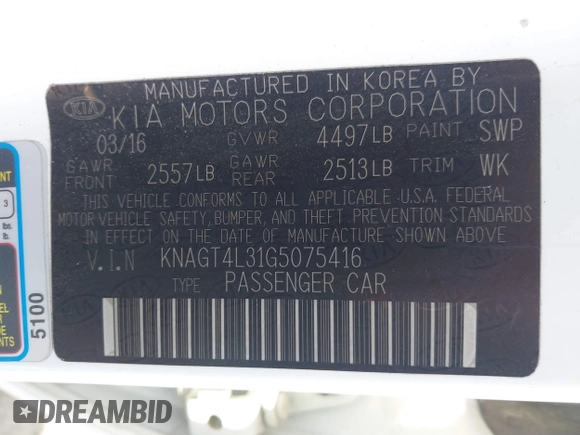 2016 Kia Optima LX with VIN KNAGT4L31G5075416, listed as a IAAI auction lot 42281622 with 125,971 mi miles and . Bid and sale history available at DreamBid. Image 9.