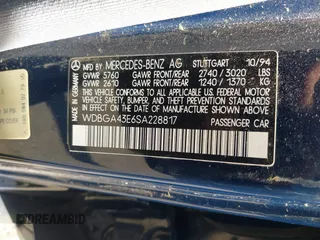 1995 Mercedes-Benz S with VIN WDBGA43E6SA228817, listed as a IAAI auction lot 41871143 with 104,274 mi miles and . Bid and sale history available at DreamBid. Image 9.