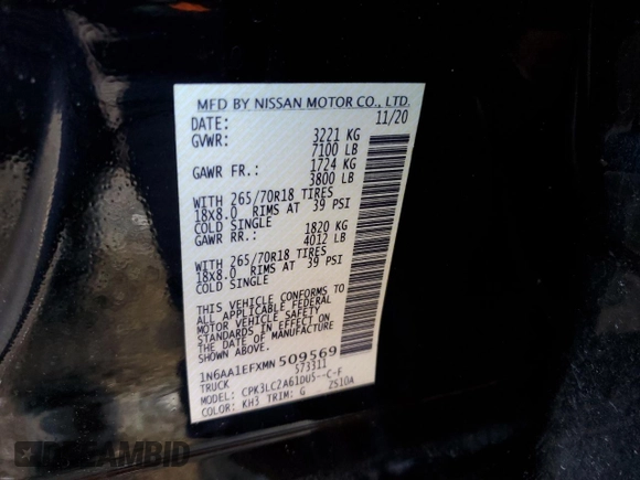 2021 Nissan Titan SV с VIN 1N6AA1EFXMN509569, выставлен на аукционе Copart как лот 52285595 с пробегом 70 296 миль миль и На запчасти • Non repairable. История ставок и продаж доступна на DreamBid. Изображение 12.