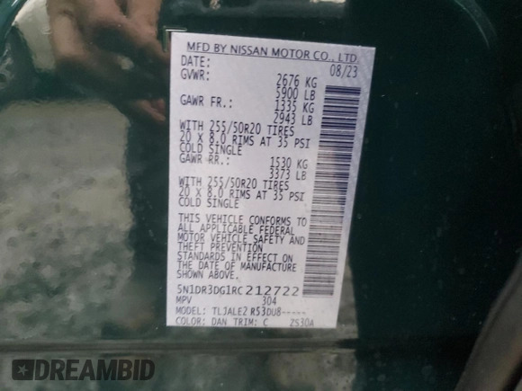 2024 Nissan Pathfinder Platinum with VIN 5N1DR3DG1RC212722, listed as a Copart auction lot 42105485 with 15,862 mi miles and Salvage Title. Bid and sale history available at carsss.com. Image 15.