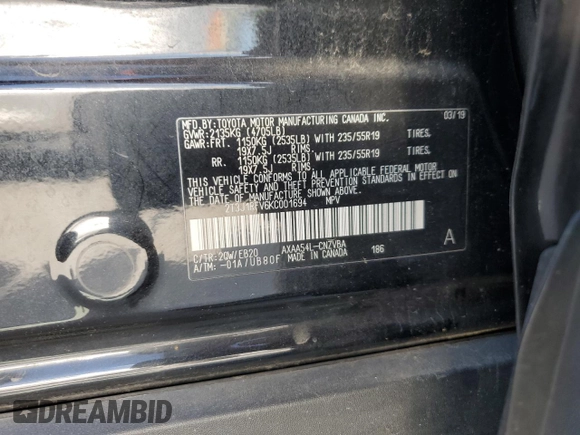 2019 Toyota RAV4 Adventure with VIN 2T3J1RFV6KC001694, listed as a Copart auction lot 58218745 with 69,646 mi miles and Salvage title. Bid and sale history available at DreamBid. Image 13.