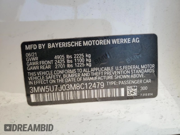 2021 BMW 3 Series M340i with VIN 3MW5U7J03M8C12479, listed as a Copart auction lot 49799845 with 39,303 mi miles and Salvage Title. Bid and sale history available at carsss.com. Image 14.